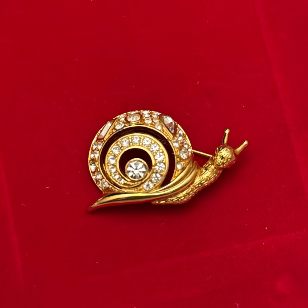 Signed Swarovski Snail Pin Brooch Gold Plated Set with Clear Crystals